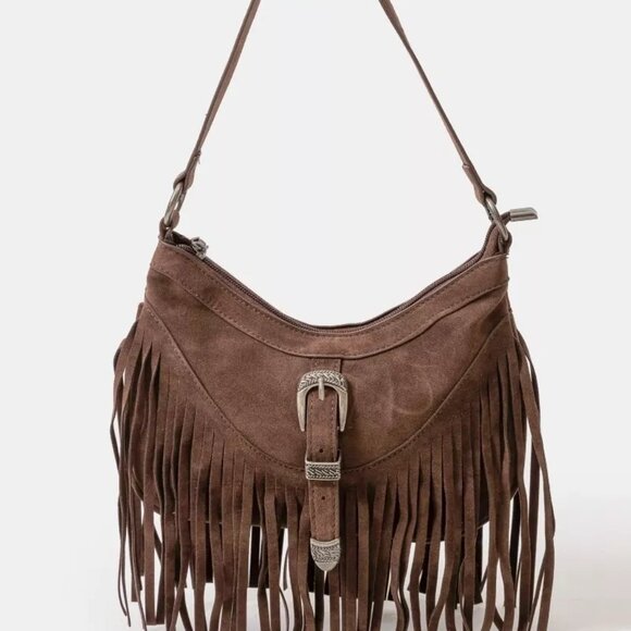 Fame Faux Suede Cascade Fringe Shoulder Bag - Picture 1 of 8
